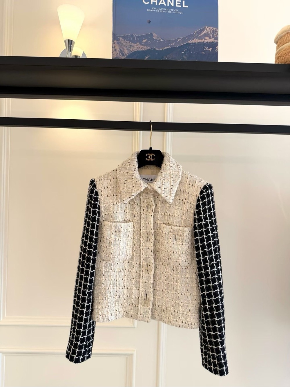 CHANEL Two-Texture Tweed Jacket in Cream and Black Sleeves